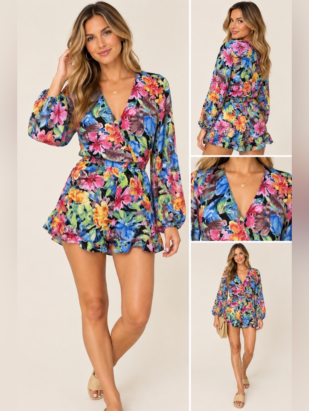 Show Me Your Mumu Black Multi-Color Floral Long sleeve Romper Coverup Size Small